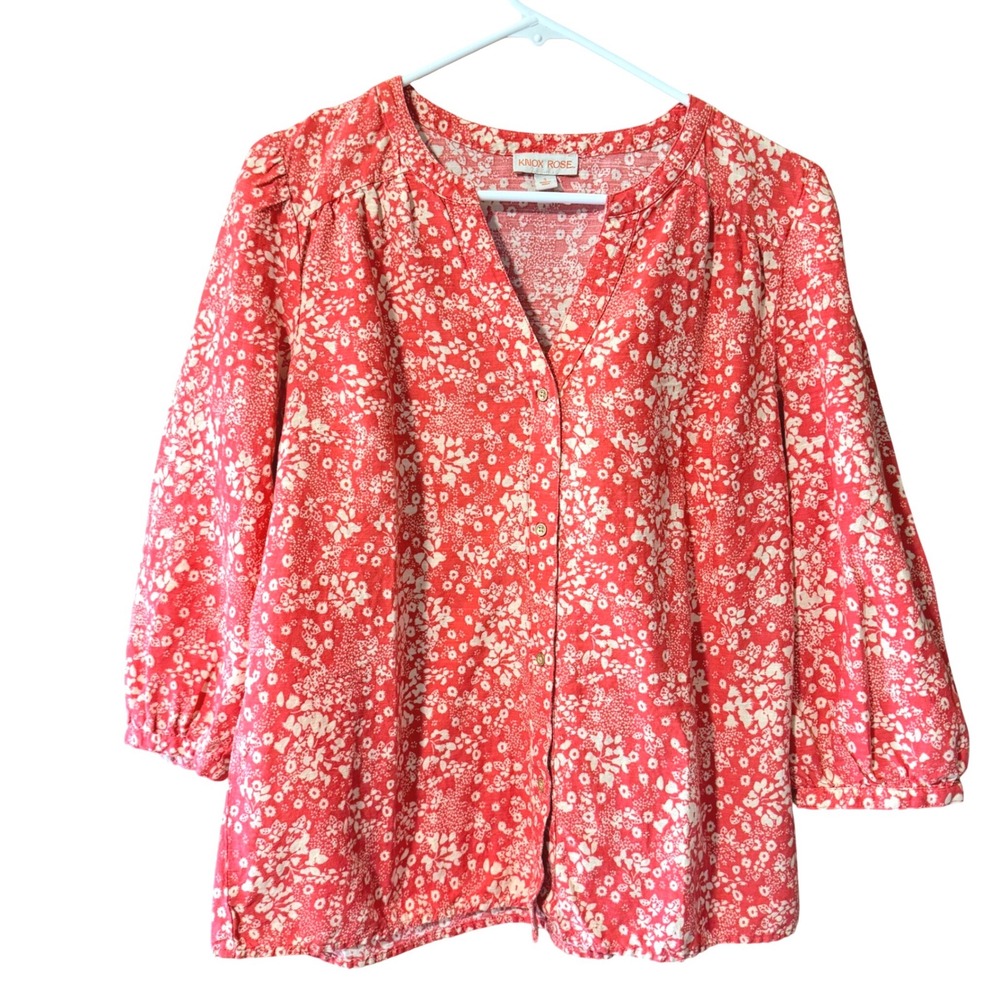 Knox Rose Oversized Small Red Floral Button Front 3/4 Sleeve Boho Blouse Top - Picture 2 of 10
